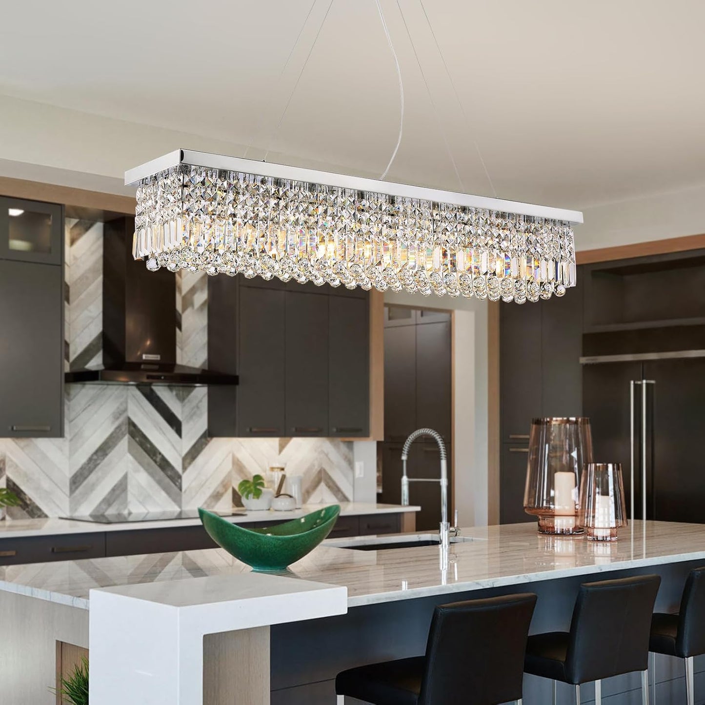 Siljoy Modern Rectangular Crystal Chandelier, 47" Rectangle Raindrop Hanging Ceiling Pendant Light Fixture Adjustable Height for Kitchen Island Dining Room, Polished Chrome Finish, L47 x W10 x H10