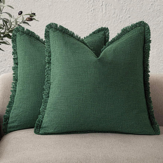 Foindtower Set of 2 Decorative Linen Fringe Throw Pillow Covers Cozy Boho Farmhouse Cushion Cover with Tassels Soft Accent Pillowcase for Couch Sofa Bed Living Room Home Decor, 26×26 Inch, Pine Green