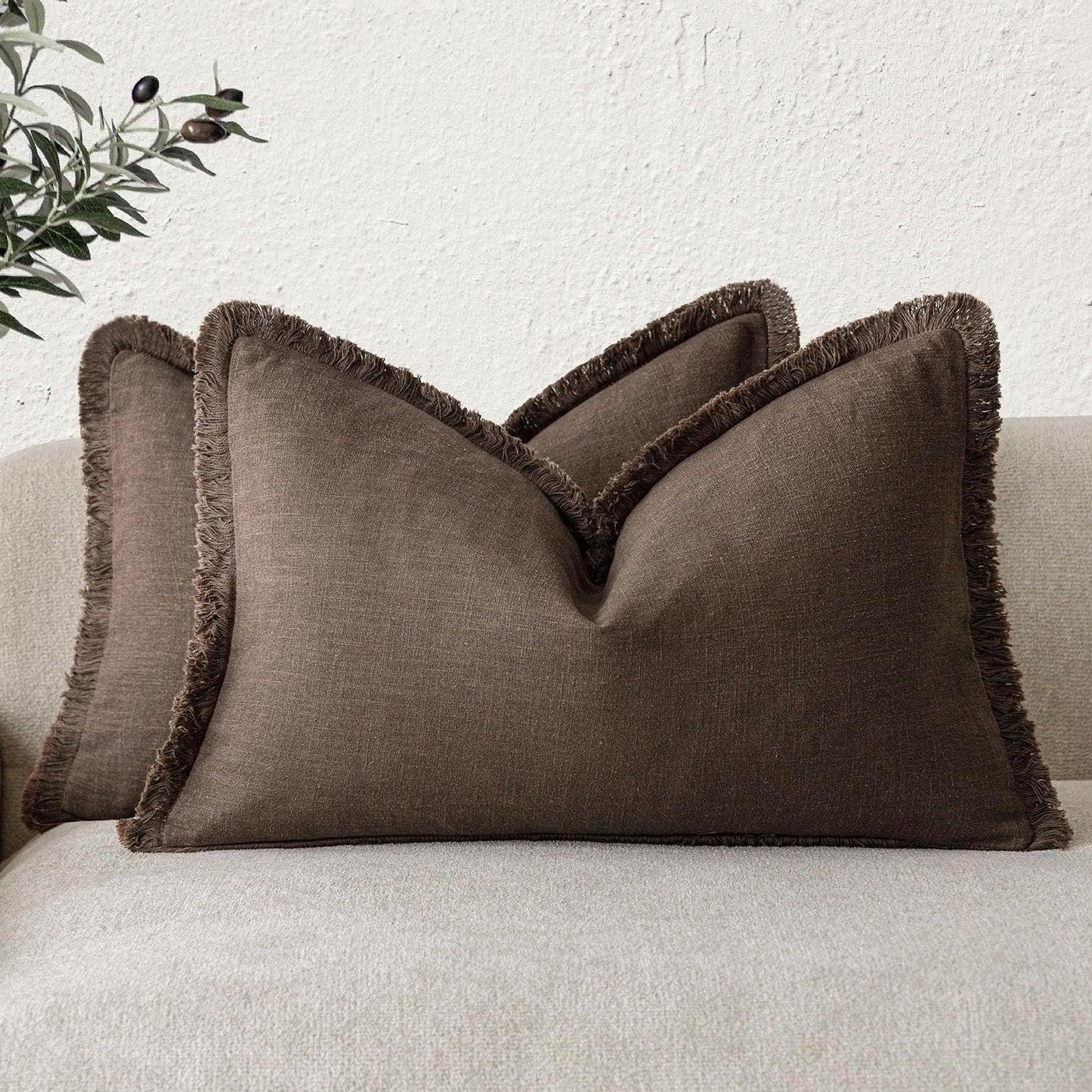 Foindtower Set of 2 Decorative Linen Fringe Throw Pillow Covers Boho Farmhouse Cushion Cover with Tassels Lumbar Accent Pillowcase for Bed Couch Living Room Home Bedroom Decor,12×24 Inch,Reddish Brown
