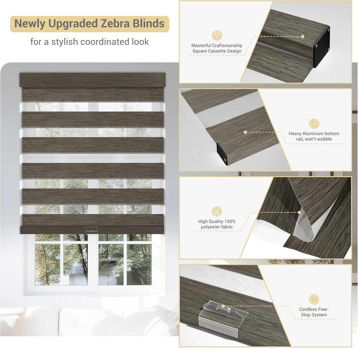 Cordless Zebra Blinds for Windows, Blackout Interior Blinds,Easy to Install,UV Protection,for Offices and Home,Custom Roller Shades, Mousse Dark Bown,66" W x 36" H