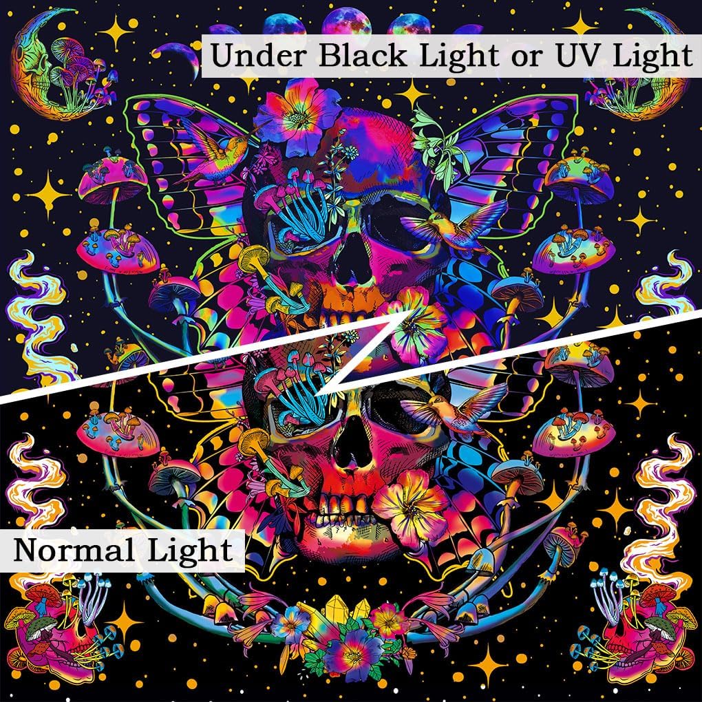 Xiaoput Blacklight Skull Tapestry for Bedroom & Living Room, UV Reactive Mushroom Butterfly & Moth Moon Flowers Tapestry, Hippie Skeleton Wall Hanging 70x60IN