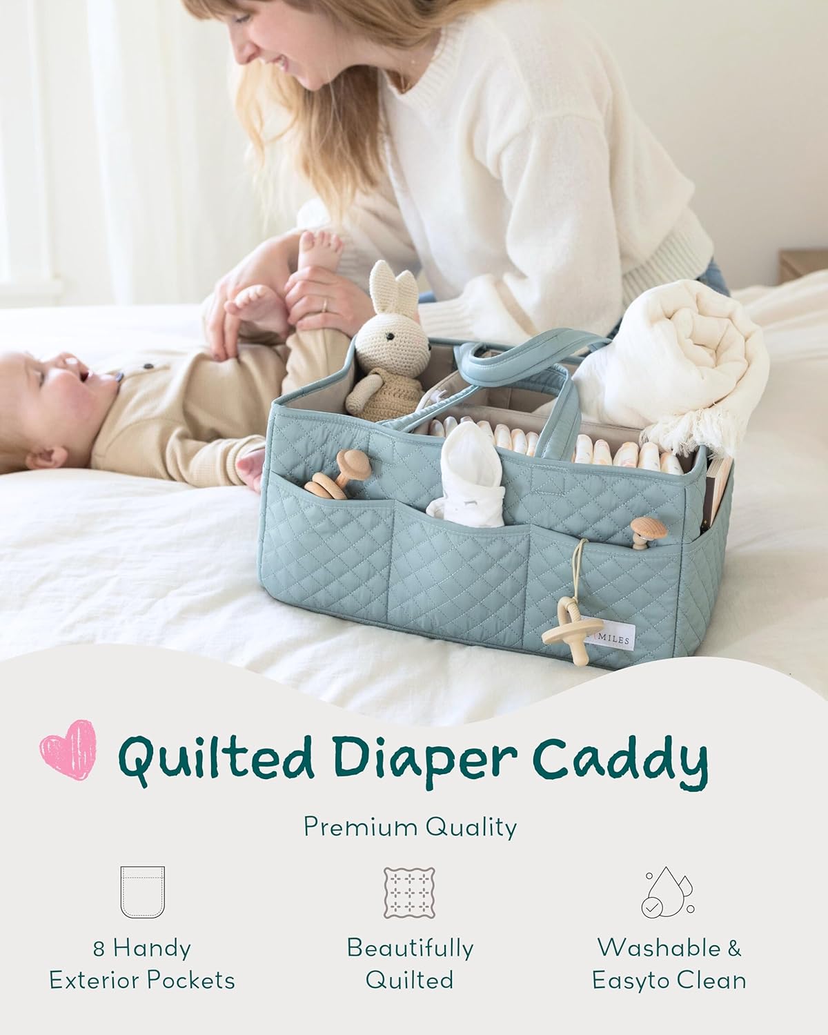 Lily Miles Baby Diaper Caddy Organizer, Quilted Nursery Storage Basket for Newborn Essentials and Diaper Changing Station, Gift for Baby Shower and Registry Must-Have (Willow Green)