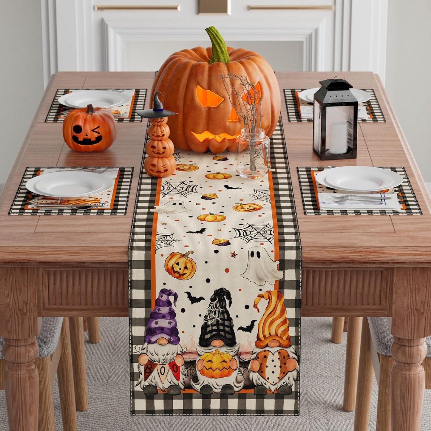 XCHI Spooky Boo Plaid Gnome Halloween Table Runner Party Table Decoration for Home Kitchen Dining Holiday Decor 13x90 Inch