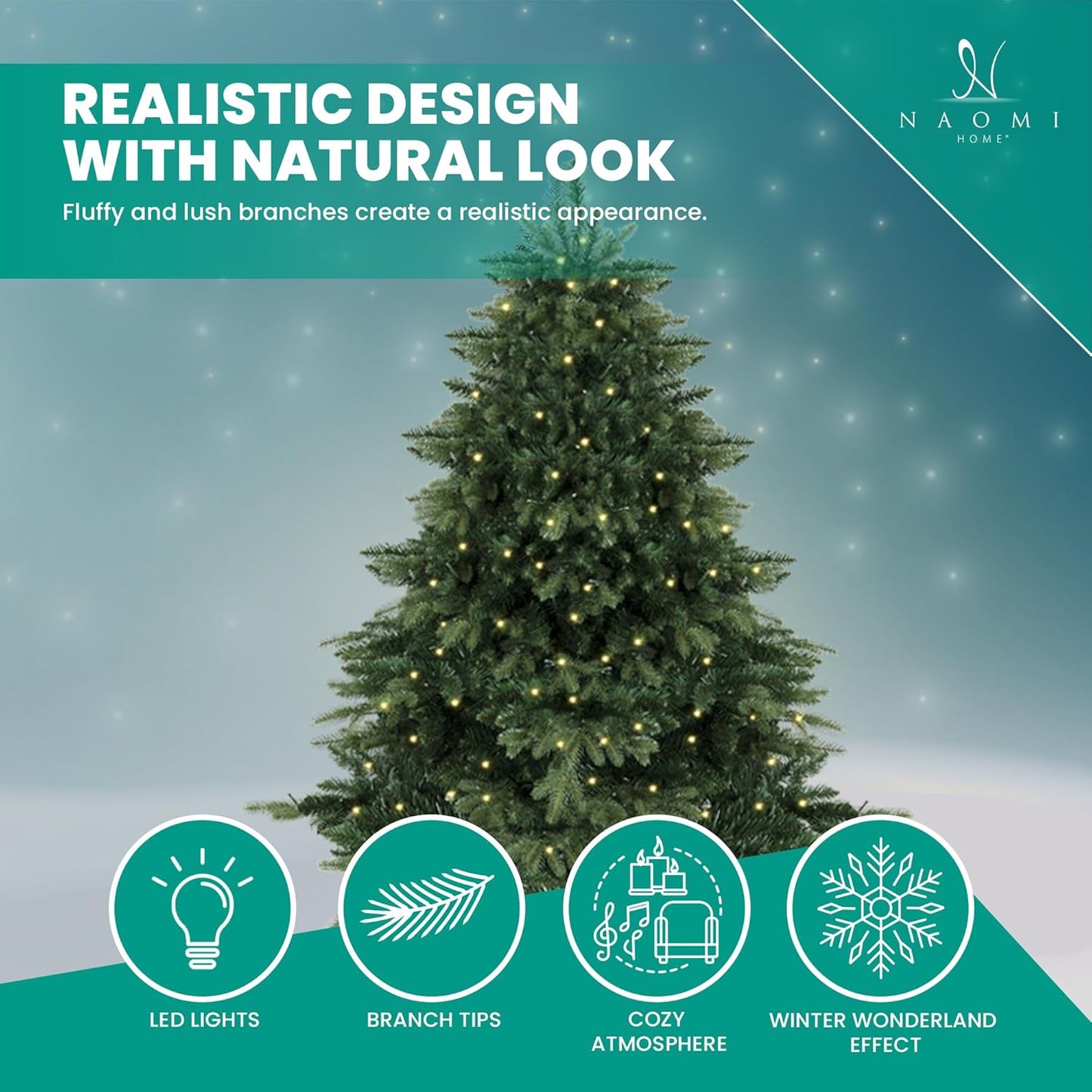 Cynthia 4.5ft Prelit Aritificial Christmas Tree with 1117 Branch Tips, 300 Warm Lights and Metal Stand, 40" Wide Realistic Rustic Christmas Tree with Lights by Naomi Home