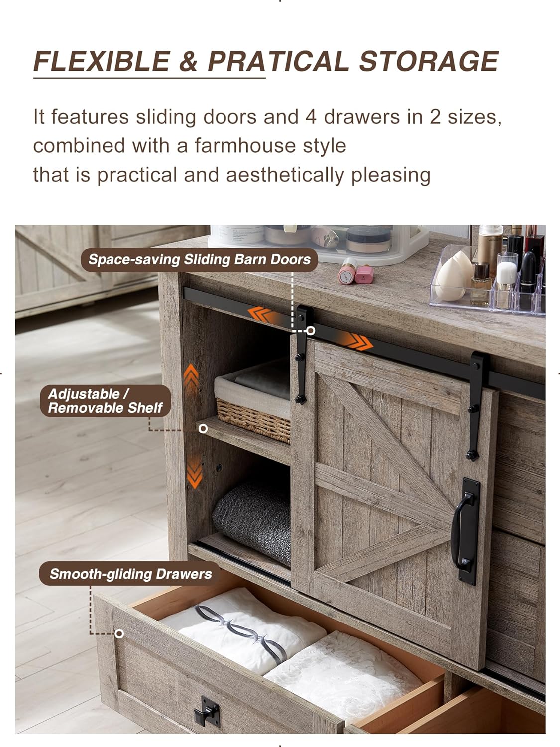 T4TREAM 48'' Farmhouse Dresser for Bedroom w/4 Drawers & Sliding Barn Doors, Tall Chest of Drawers, Rustic Dresser TV Stand w/Shelf, Organizer for Bedroom, Living Room, Foyer,Light Rustic Oak