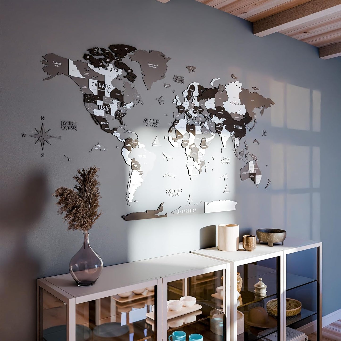 Colorfull Worlds 3D Wooden World Map Wall Art | Unique Wall Decor with Pins for Travel Enthusiasts | Home and Office Wall Décor | Grey | XXLarge