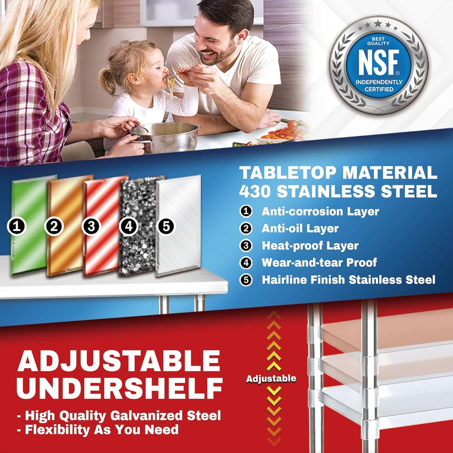 DuraSteel Food Prep Stainless Steel Table - 30 x 12 Inch Commercial Metal Workbench with Adjustable Under Shelf - NSF Certified - for Restaurant, Warehouse, Home, Kitchen, Garage