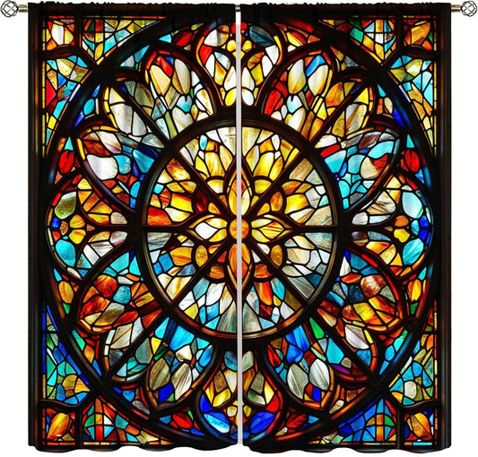 Stained Glass Curtains,Retro Mid Century Abstract Colorful Geometric Prints Home Decor Drapes for Bedroom Living Room Kitchen Window Treatment 2 Panels Set Total Size 55" W X 63" L Inch