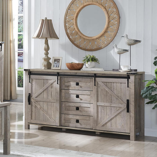 T4TREAM 60'' Farmhouse Dresser Chests for Bedroom w/4 Drawers & Sliding Barn Doors, Tall Chest of Drawers, Rustic Dresser TV Stand,Organizer for Bedroom, Living Room, Light Rustic Oak