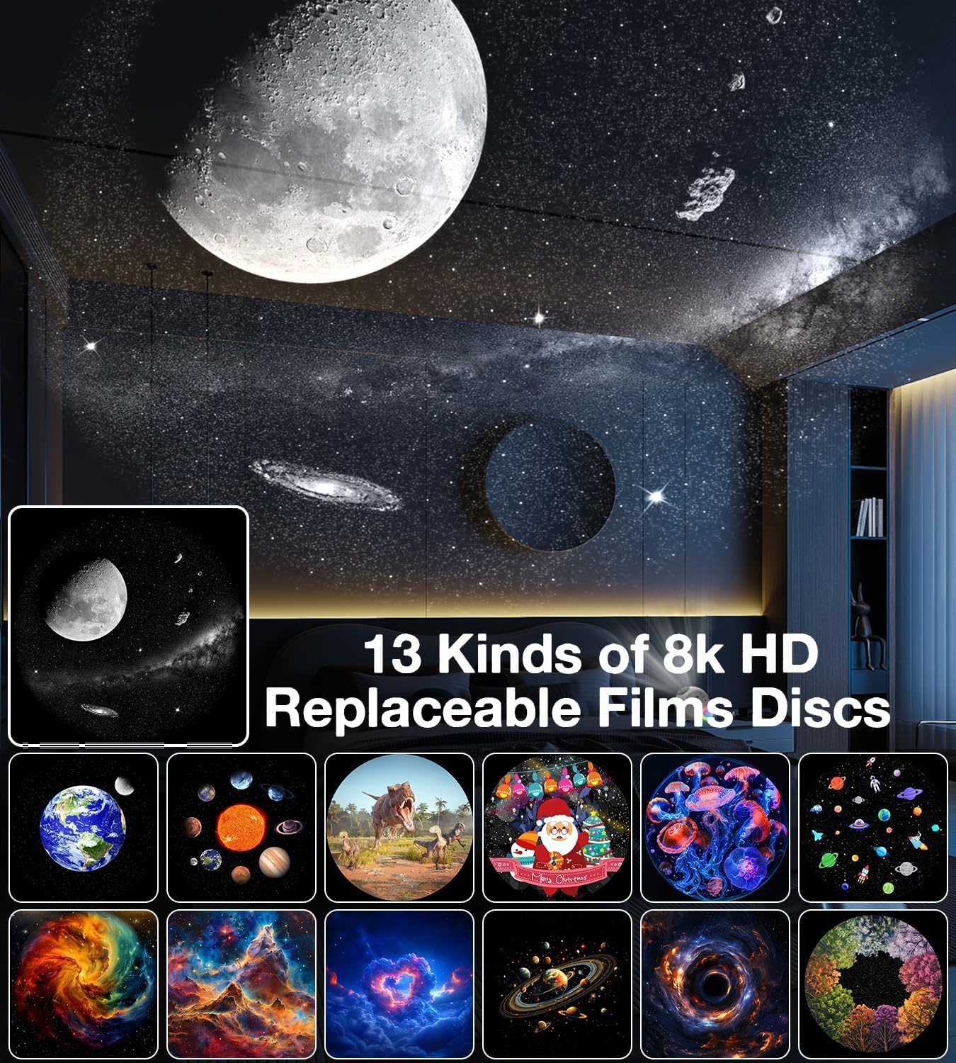 Galaxy Projector for Bedroom,4K Image Planetarium Projector Adjustable Knob,13 in 1 Kids Night Light Projector with Built-in Bluetooth Speaker & White Noise,360° Rotating with Remote Timer (White)