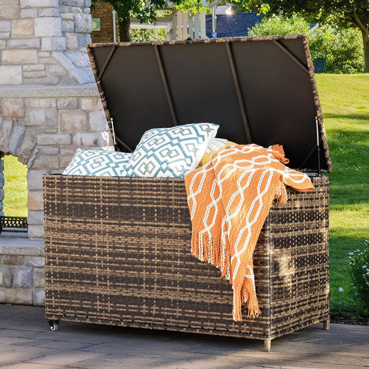 178 Gallon Outdoor Storage Box, Handle Large Portable Wicker Rattan Deck Box for Patio Furniture Cushions, Patio Deck Box with 2 WheelsThrow Pillows, Garden Tools and Pool Floats (Brown)
