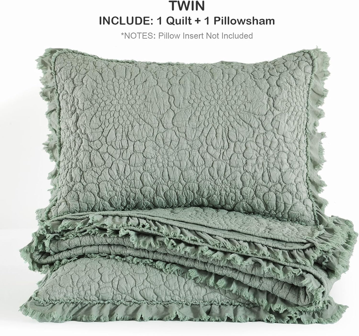 HORIMOTE HOME Sage Green Ruffled Quilt Twin Size, Stone-Washed Microfiber Lightweight Crinkled Farmhouse Rustic Shabby Chic Bedding Set, 2 Pieces Reversible Bedspread with Pillow Sham for All Season