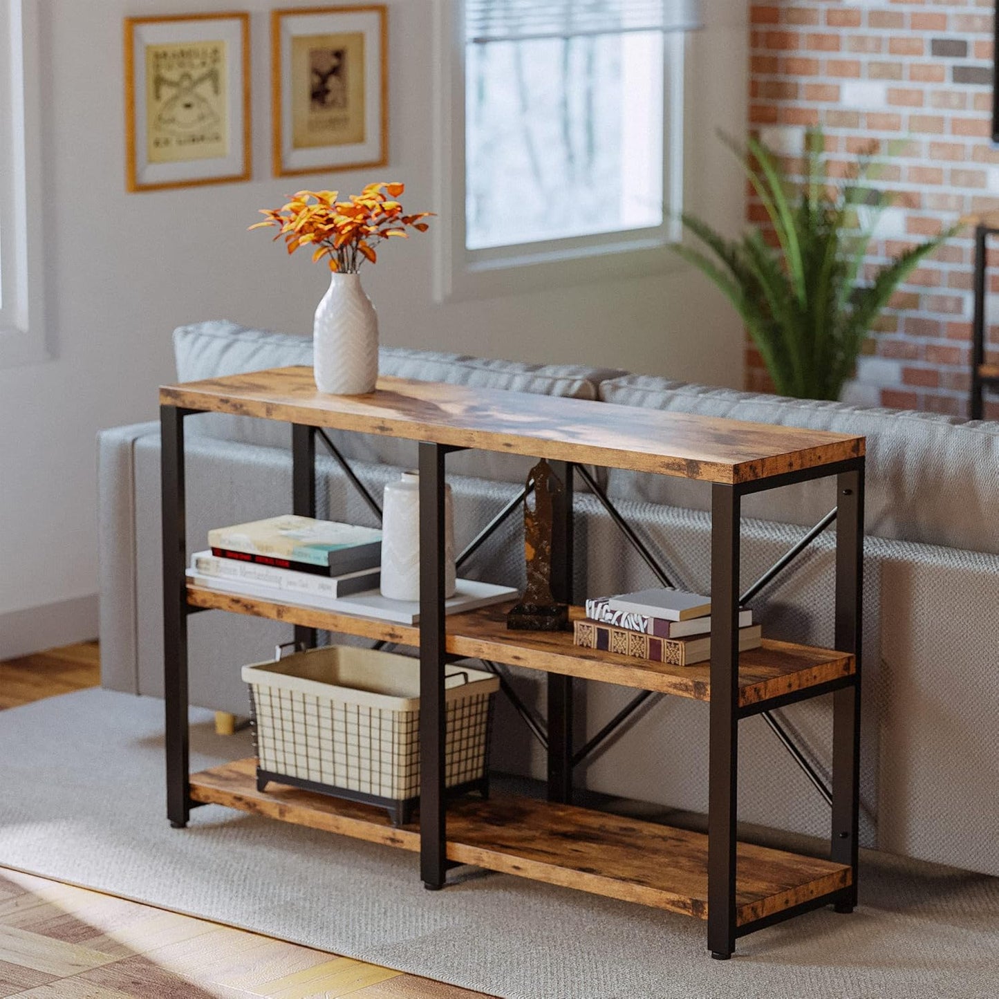 IRONCK Rustic Entryway Console Table, Long Hallway Table 47 in 3-Tier, TV Stand Entertainment Center Media Stand for Living Room, Industrial Style, Vintage Brown