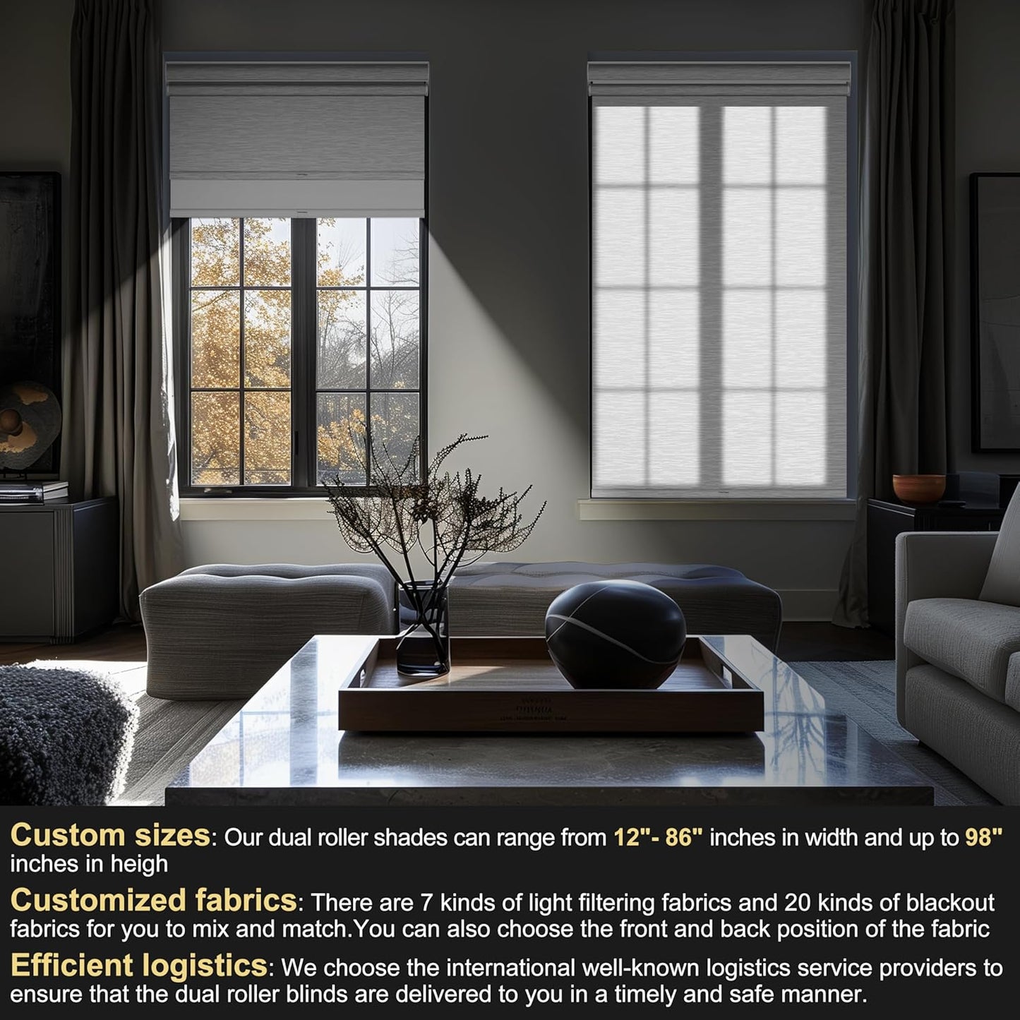 BERISSA Cordless Dual Roller Shades with Cassette Valance, Double Window Shades - Blackout and Light Filtering, Day and Night for Home Office Door. Striped Jacquard White. 31 W x 48" H
