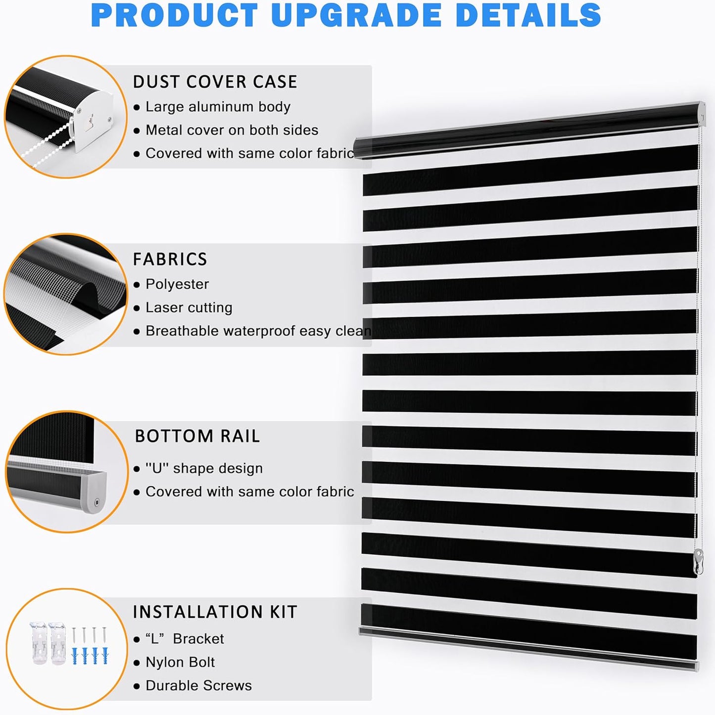 Blackout Zebra Blinds, Dual Layer Free-Stop, Room Darkening Zebra Shades, Blinds for Indoor Windows, Light Filtering Privacy Sheer Shade for Home(22" W X 72" H, Black)