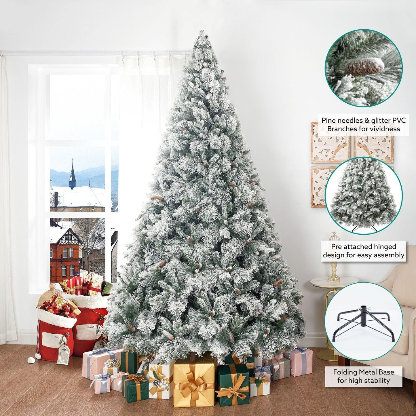 Naomi Home 7.5ft Christmas Tree with Lights Realistic Spruce Christmas Tree Prelit with Foot Pedal 1717 Branch Tips 550 Warm Lights and Metal Stand Aritificial Tree +ürbol De Navidad