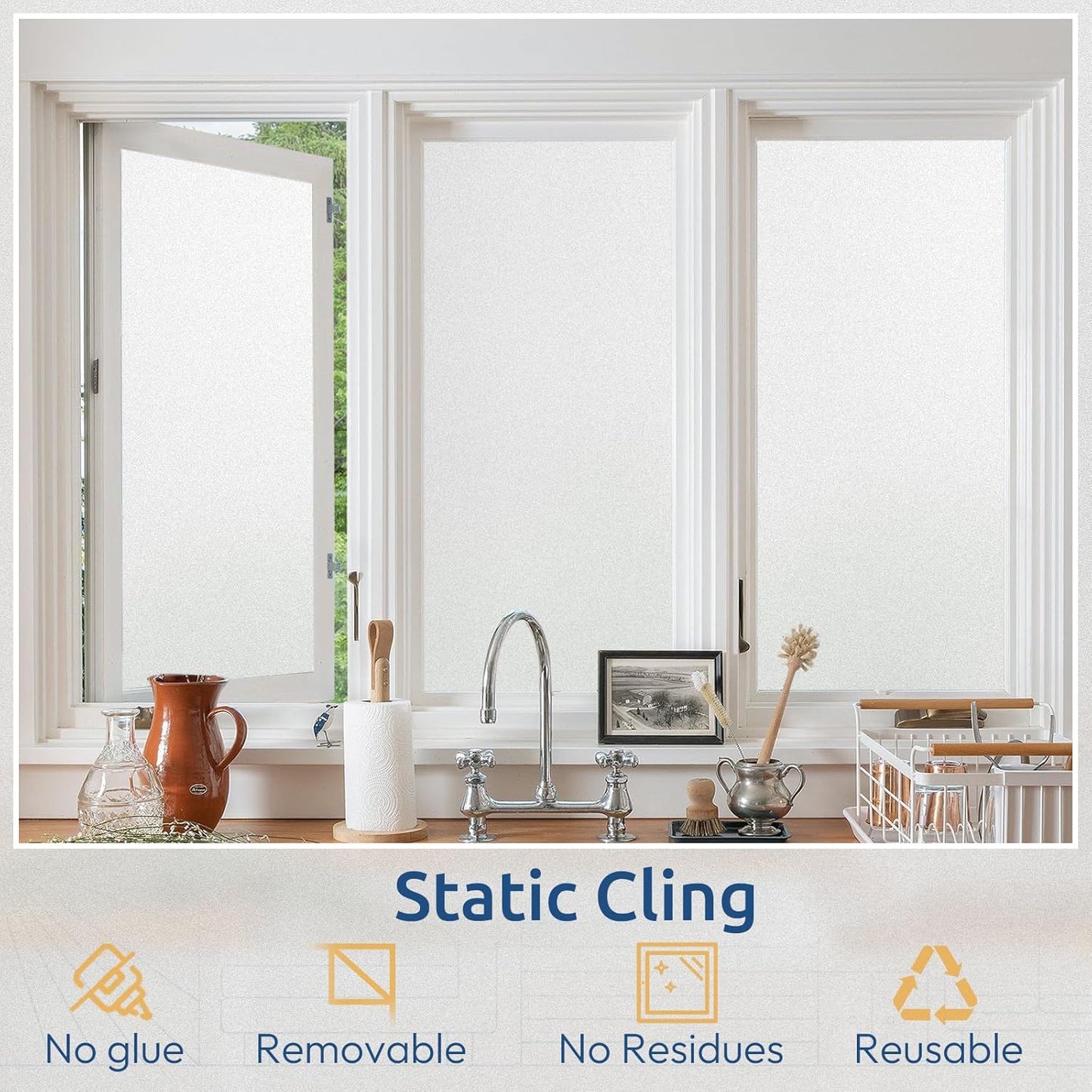 rabbitgoo Window Privacy Film, Non-Adhesive Frosted Glass Window Film for Bathroom, Static Cling Heat Blocking Stickers for Home Indoor Opaque Frosting Coverings House Tint, Matte White 35.4" x 78.7"