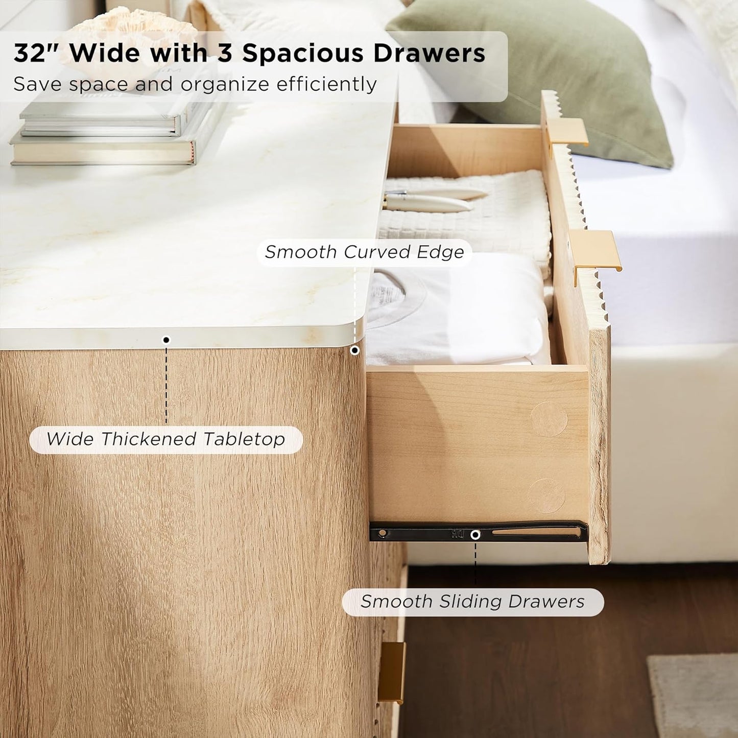 T4TREAM 32" Tall Fluted Nightstand Set of 2, Modern Side Table with Faux Marble Top, 3 Drawers End Table w/Storage, Bedside Table for Bedroom, Living Room, Curved Profile Design, Natural Oak
