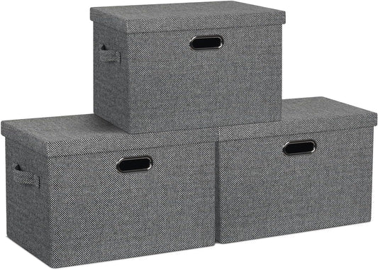 Large 17" 36 Quart Collapsible Stackable Storage Bins with Lids, 3 Packs Black and White Mix Linen Fabric Closet Boxes with Lids, Storage Cube Baskets Container Organizers (17x12x11)