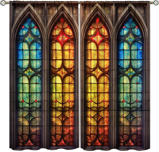 Stained Glass Curtains,Mid Century Vintage Style Abstract Art Home Decor Drapes for Bedroom Living Room Kitchen Window Treatment 2 Panels Set Total Size 63" W X 63" L Inch