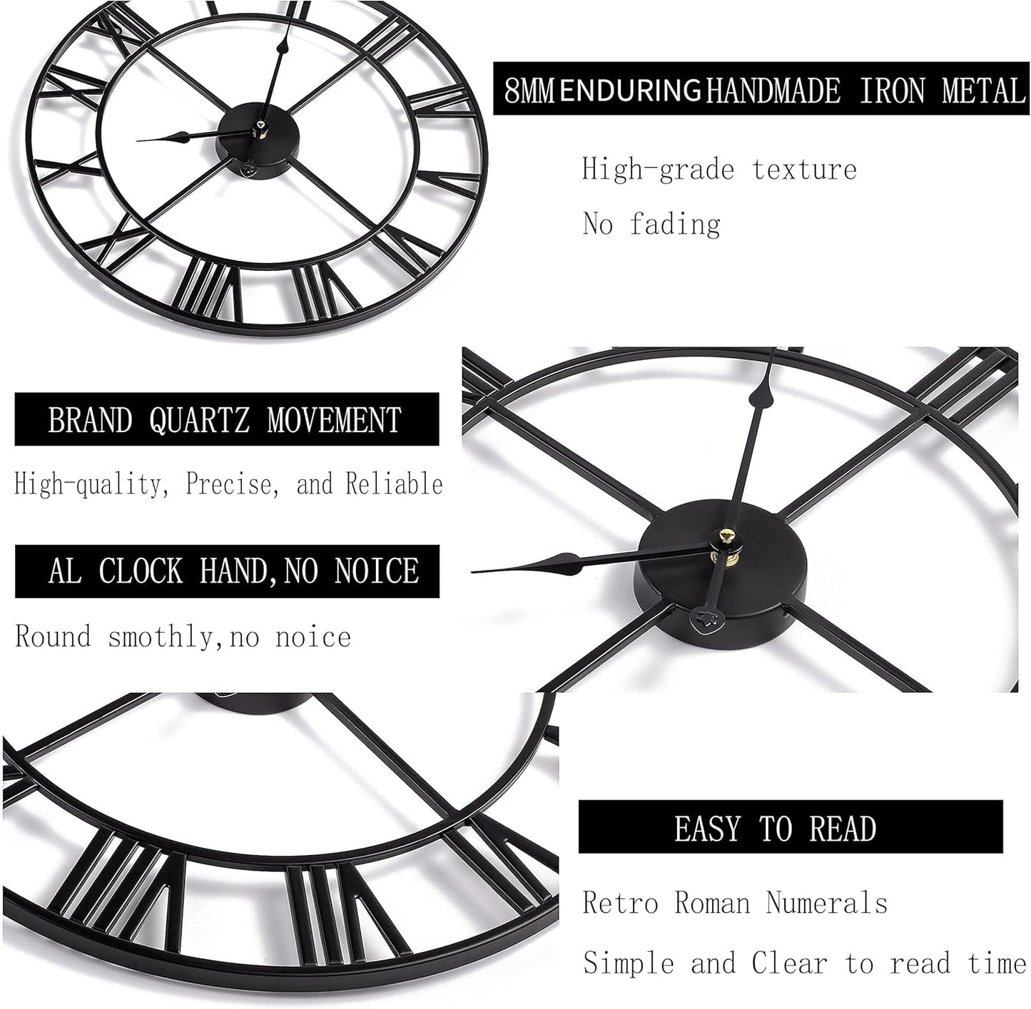 Silent Non-Ticking Decorative Large 24 Inch Metal Vintage Retro Roman Numerals Wall Clock, Battery Operated for Living Room, Bedroom, Kitchen, Office, Cafe Farmhouse Decor