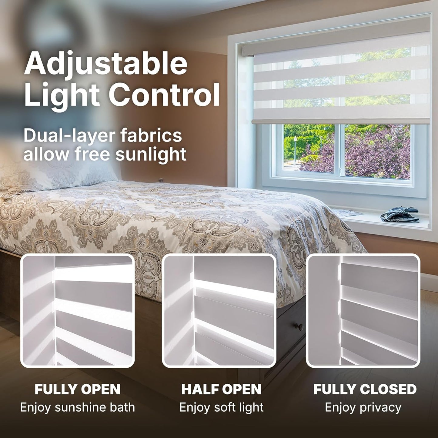 HESTIA Cordless Zebra Blinds Light Filtering Roller Shades UV Blocking Blackout Privacy Indoor Window Shades for Home Office Day and Night, Brown,44" W x 54" H