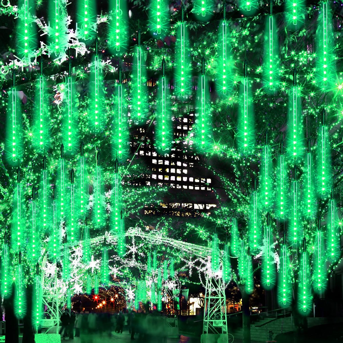 【4 Pack】 Christmas Lights Meteor Shower Rain Lights 12inch, Totally 40 Tube 960 LEDs Icicle Lights Outdoor Raindrop Lights for Xmas Halloween Wedding Party Tree Holiday Decoration, Green