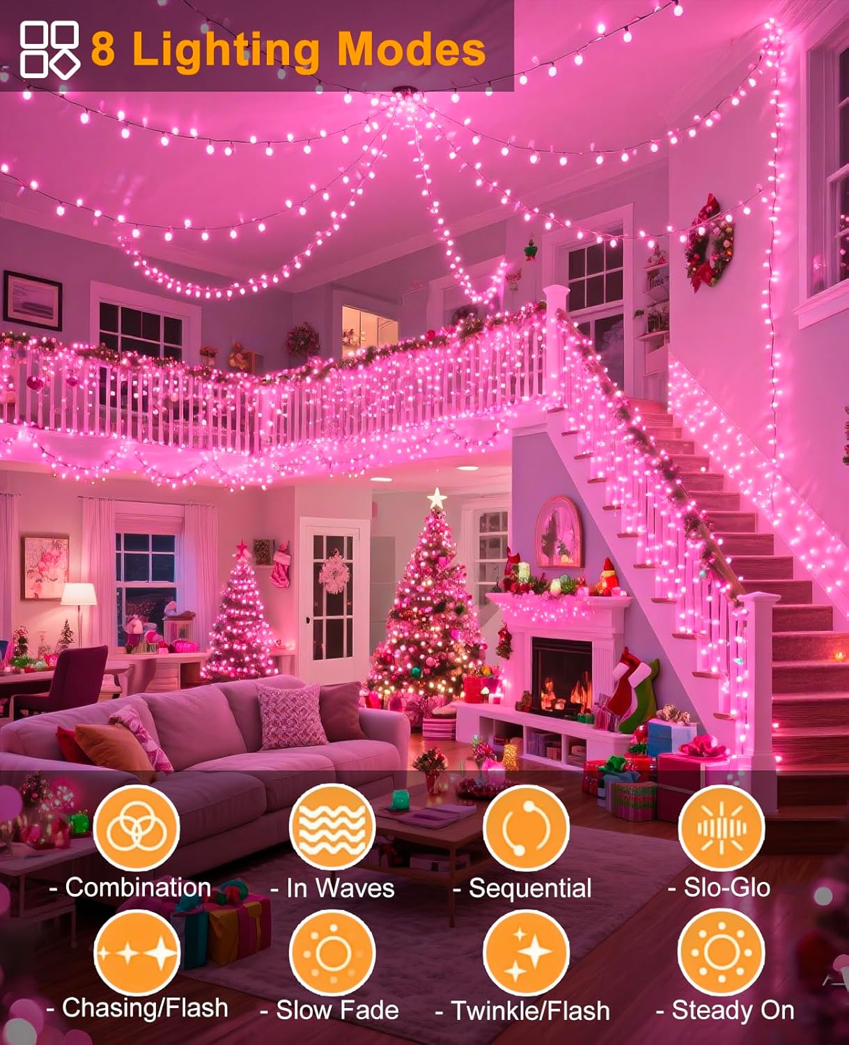 197FT 600 LED Christmas Lights Outdoor, Plug in Christmas Tree Lights 8 Modes, Waterproof Green Wire String Twinkle Lights for Indoor House Patio Garden Party Wedding Holiday Decorations, Pink
