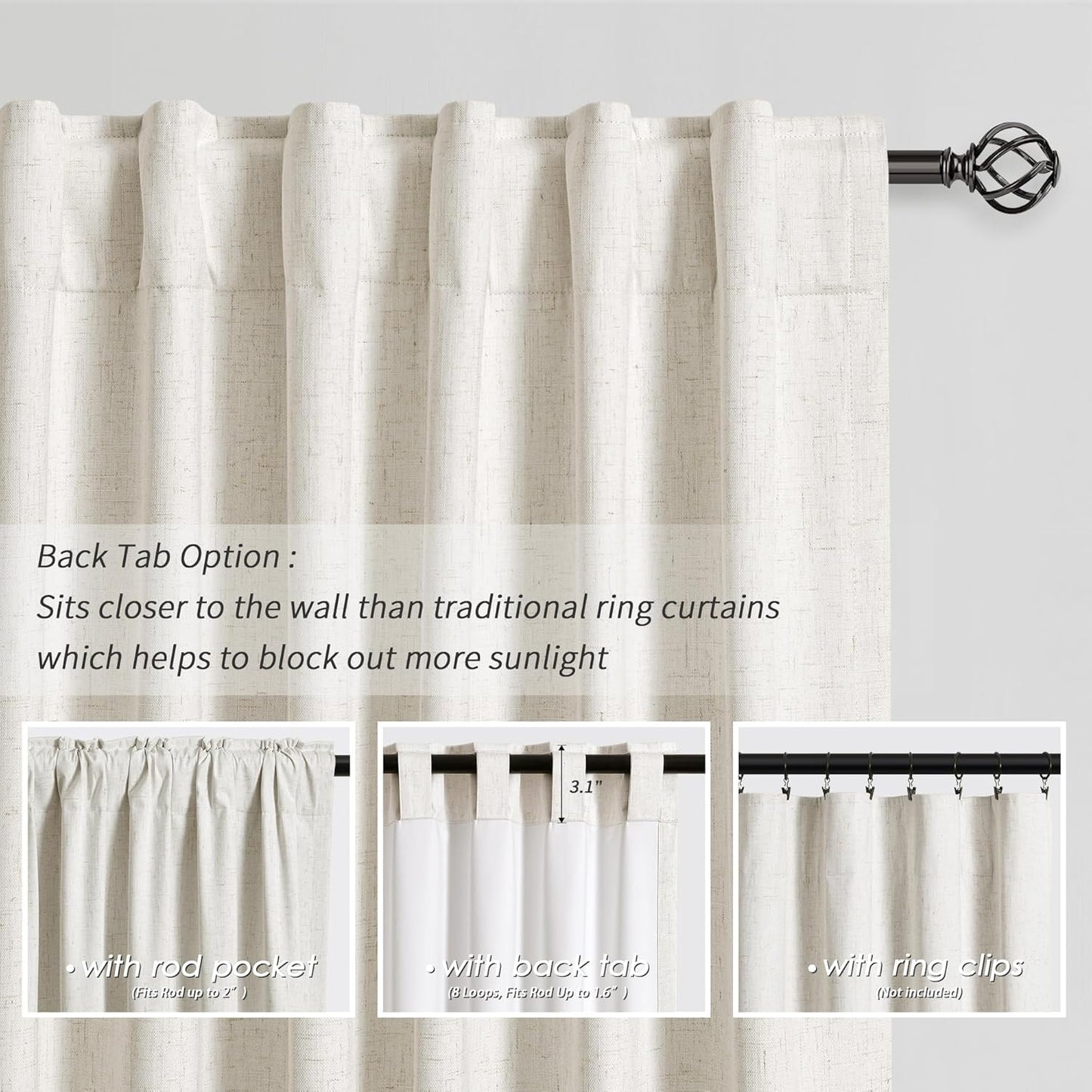 BOODII Room Darkening Curtains 120 Inch Back Tab Thermal Insulated Black Out Linen Drapes Extra Long Blackout Curtains for Patio Door Large Window Ceiling to Floor Light Blocking Natural Cream 52x120