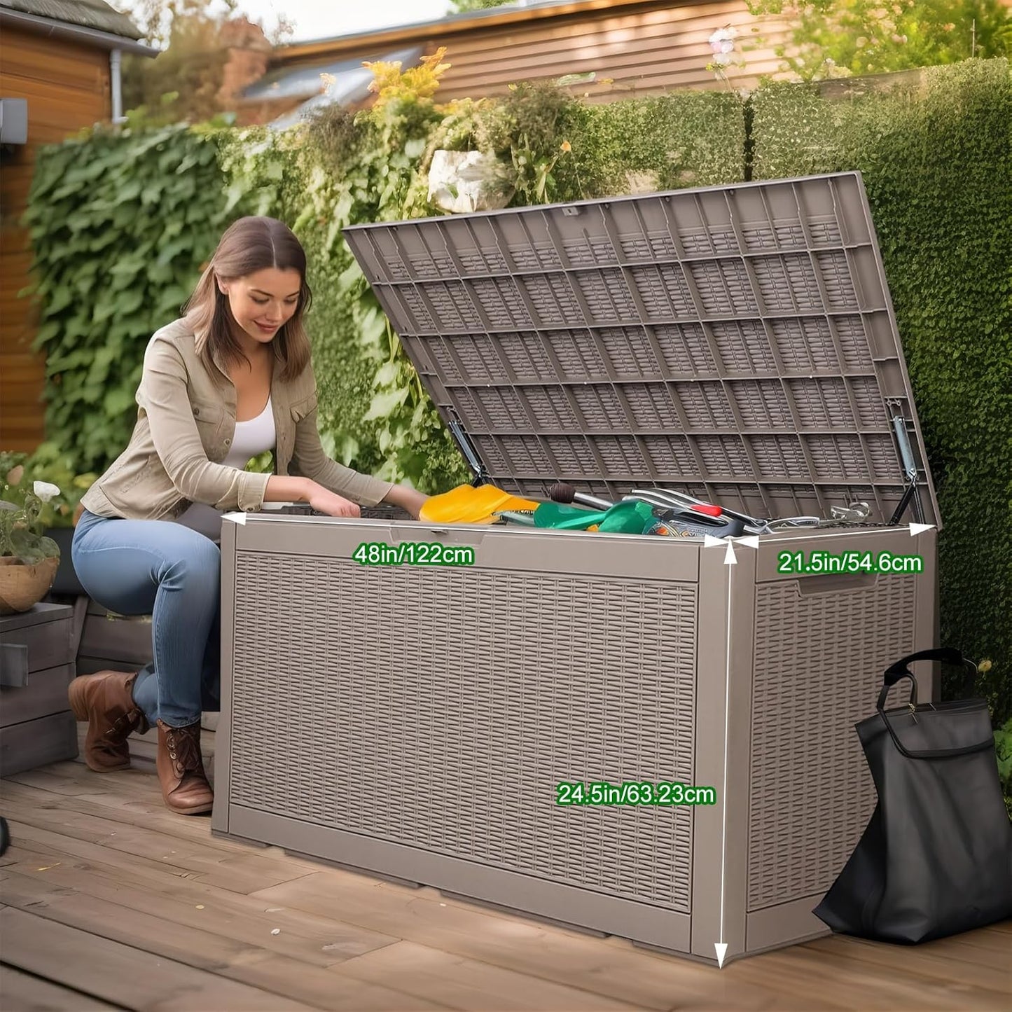100 Gallon Outdoor Deck Box,Storage Lockable Waterproof Patio Furniture,Garden Tools,Cushions,Pool Accessories Outside Storage Resin Box(Grey)
