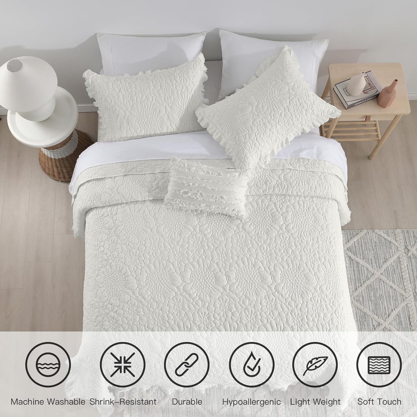HORIMOTE HOME Cream White Ruffled Quilt Twin Size, Stone-Washed Microfiber Lightweight Crinkled Farmhouse Rustic Shabby Chic Bedding Set, 2 Pieces Reversible Bedspread with Pillow Sham for All Season