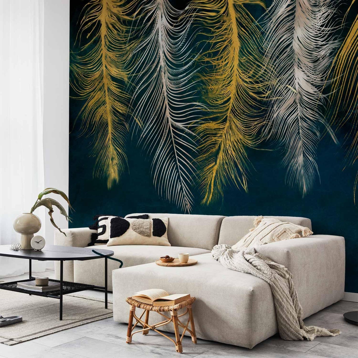 artgeist Wall Mural Feather 173x124 in - Peel and Stick Self-Adhesive Wallpaper Removable Large Sticker Foil Wall Decor Print Picture Image Design Abstract Beige Navy Blue b-A-0812-a-a