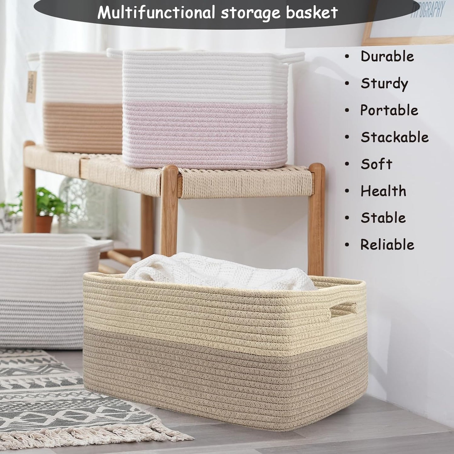 COMFY-HOMI Cotton Rope Woven Basket with Handles for Shelves,Toys,Book, Cloth Storage Baskets for Organizing-17" x 13" x 7.5" Toy Decorative Organizer for Living Room, Bathroom （Beige brown）