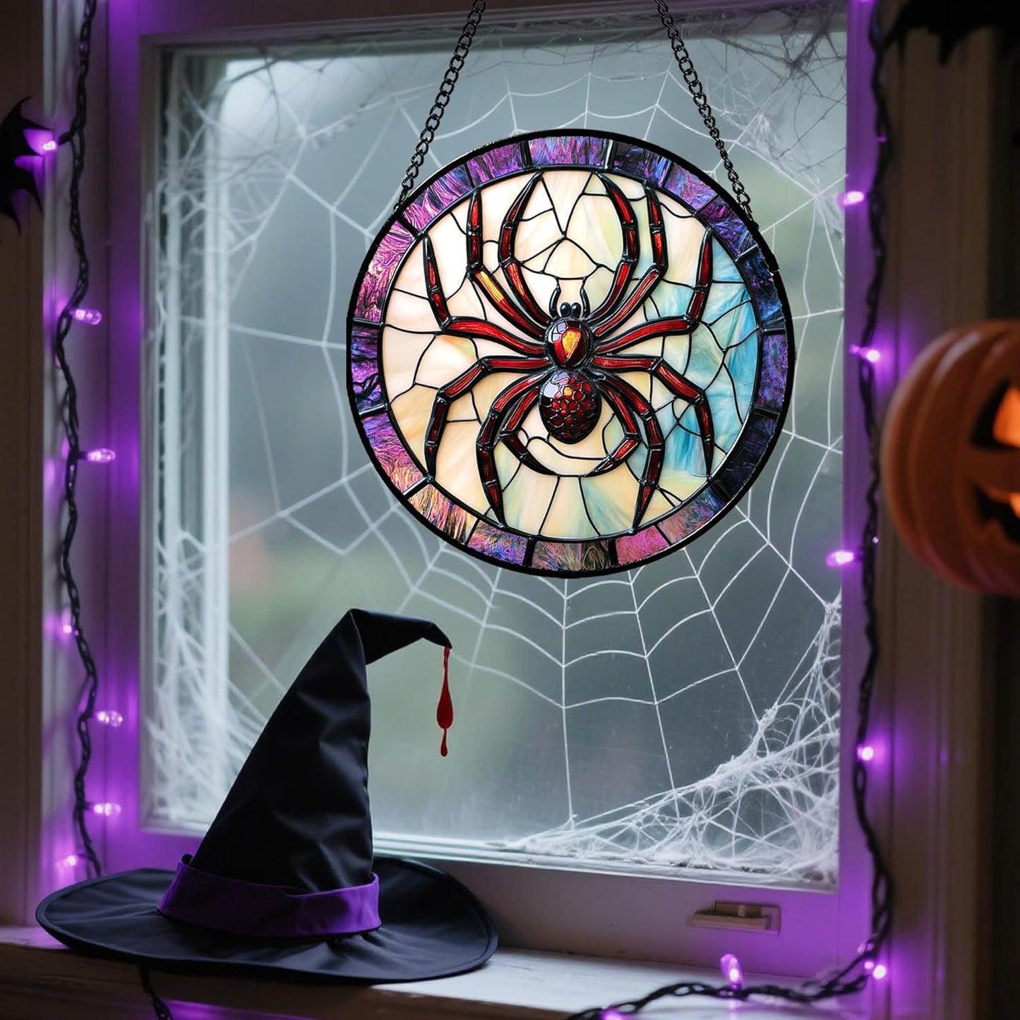Stained Glass Window Hanging - Halloween Decorations Red Spider Goth Suncatcher for Doors Garden Indoor Funny Spooky Sun Catchers Gothic Decor Horror Gifts for Women Men Friend 7.8 in