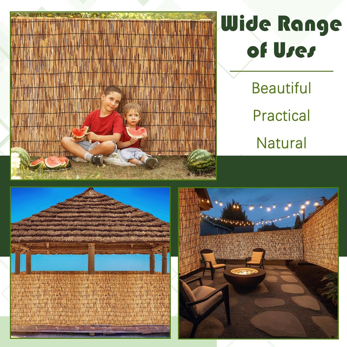 Barydat 3 Pcs 4 x 16.4 ft Bamboo Privacy Screen, Reed Fence Roller Patio Decorative Fences Reed Screen Curtain for Garden Backyard Patio Balconies