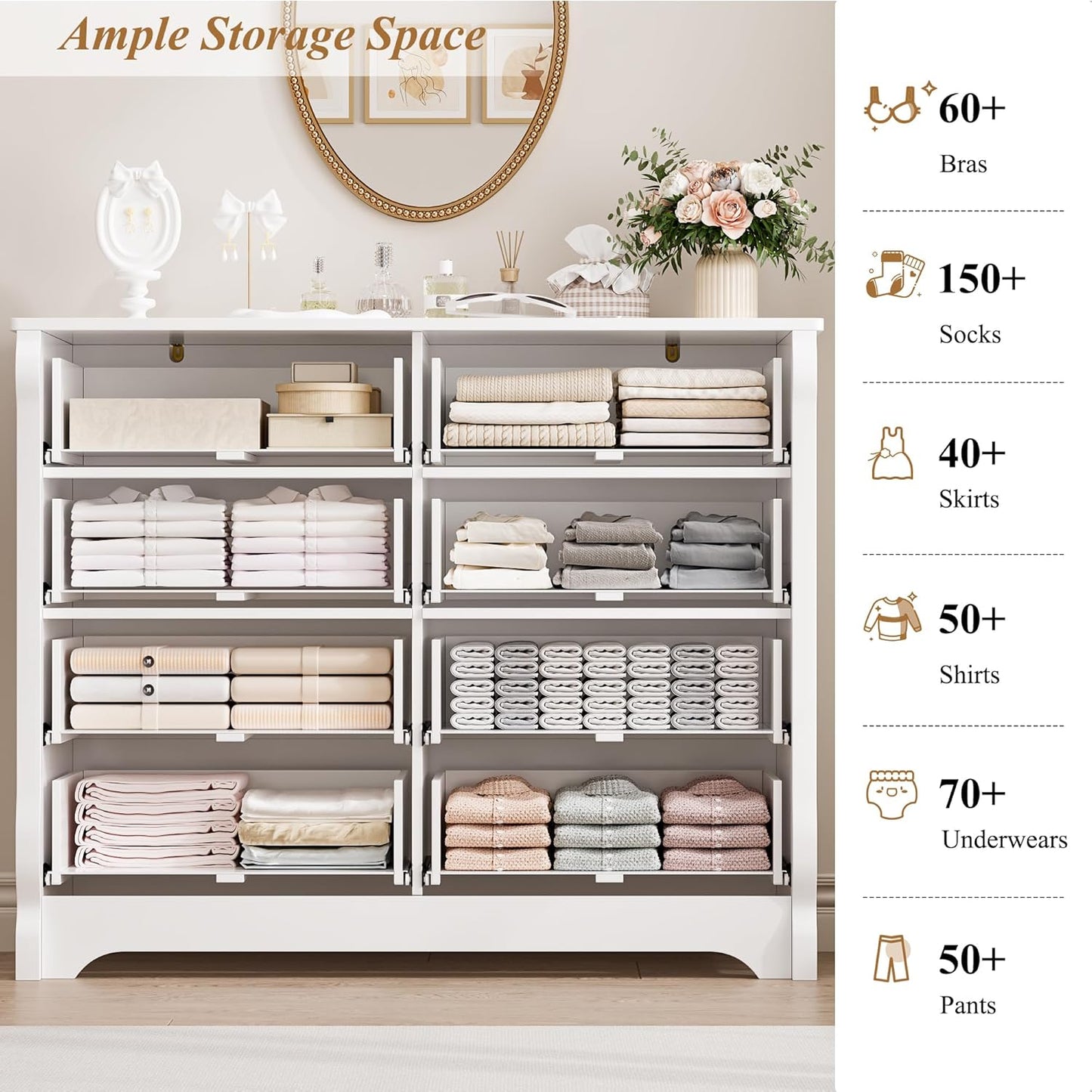 HITHOS White 8 Drawer Dresser for Bedroom, 47" Wood Dresser & Chest of Drawers, Modern Double Storage Cabinet with Deep Drawers | Metal Handles for Living Room, Hallway, Entryway