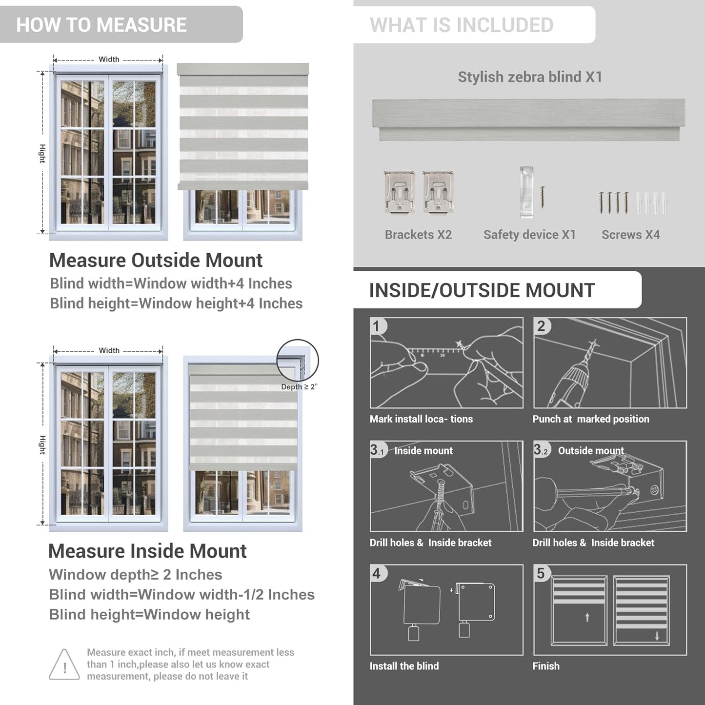 Cordless Zebra Blinds for Windows, Blackout Interior Blinds,Easy to Install,UV Protection,for Offices and Home,Custom Roller Shades, Mousse Light Grey,19" W x 48" H
