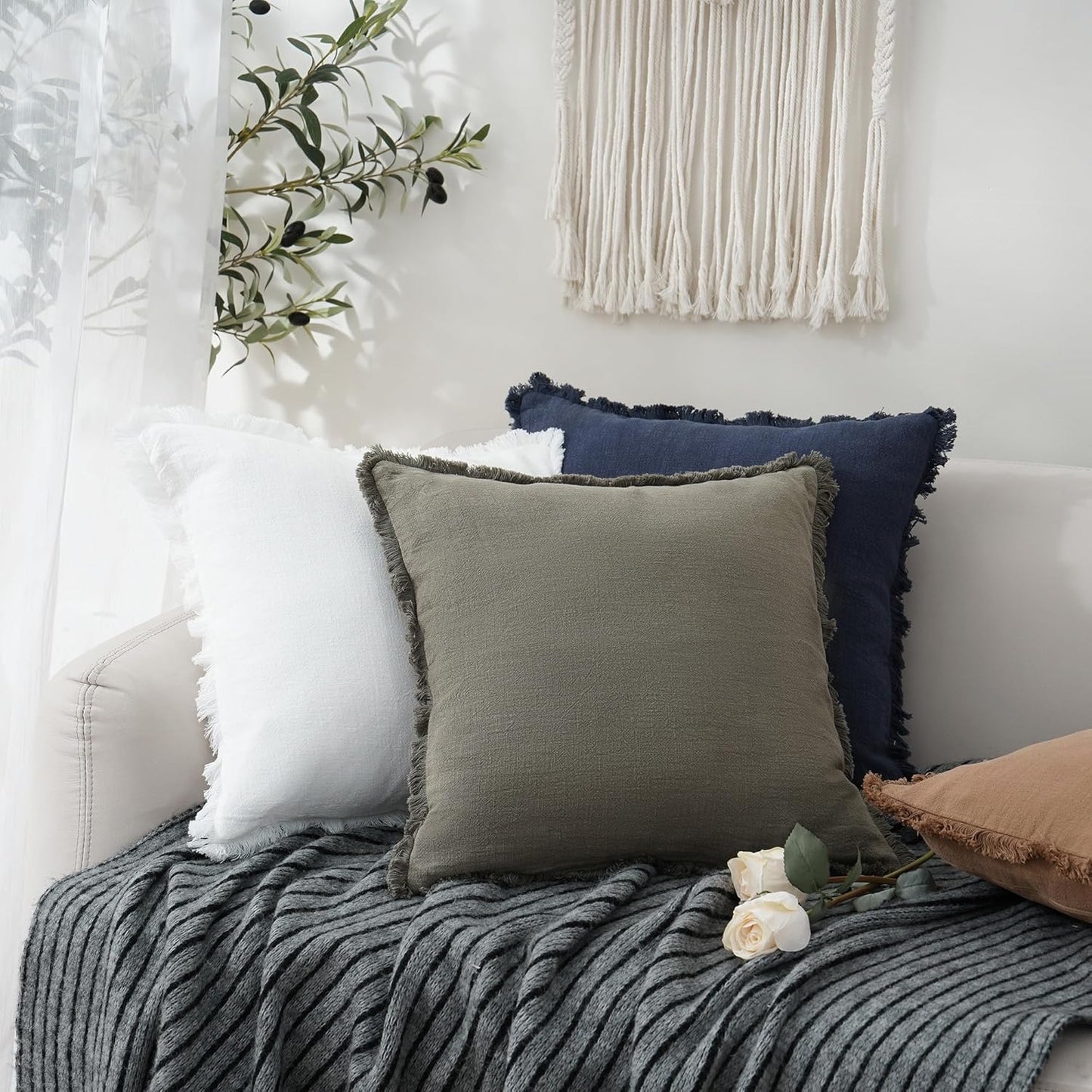 Foindtower Set of 2 Decorative Linen Fringe Throw Pillow Covers Cozy Boho Farmhouse Cushion Cover with Tassels Soft Accent Pillowcase for Couch Sofa Bed Living Room Home Decor,16×16 Inch,White