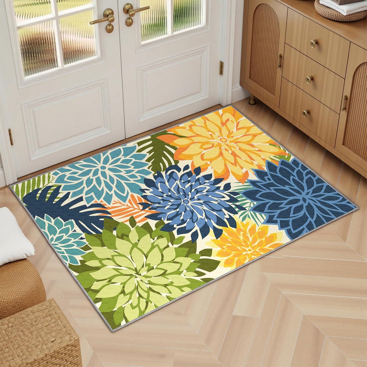 Area Rug 2x3 Yellow Green Washable Entry Small Rug Multicolored Tropical Botanical Modern Floral Indoor Kitchen Door Mat Entrance Carpet Non Slip for Bedroom Living Room, Porch