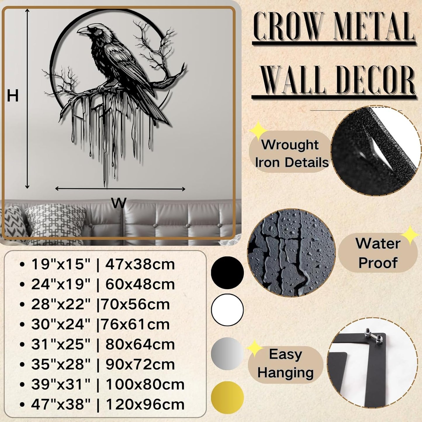 Crow Metal Wall Decor, Raven Wall Art, Large Gothic Raven Decor Hangings, Bird Wall Decor, Metal Tree Branch Decor, Ravens Sign, Raven Art for Living Room (Gold, 39"x31" | 100x80cm, metal wall art)