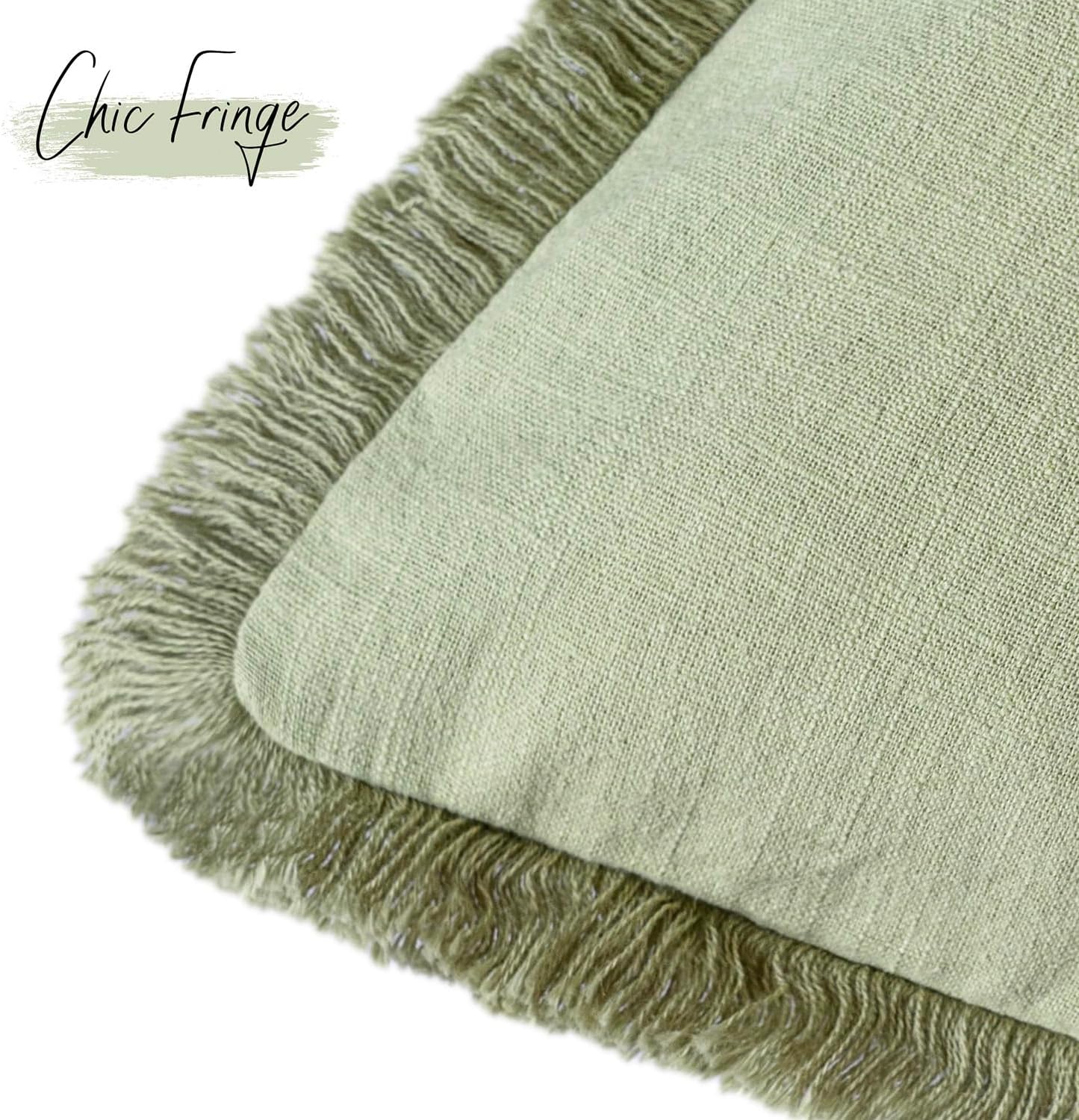 Foindtower Set of 2 Decorative Linen Fringe Lumbar Throw Pillow Covers Farmhouse Cushion Cover with Tassels Soft Accent Pillowcase for Couch Sofa Bed Living Room Home Decor,12×20 Inch,Light Sage Green