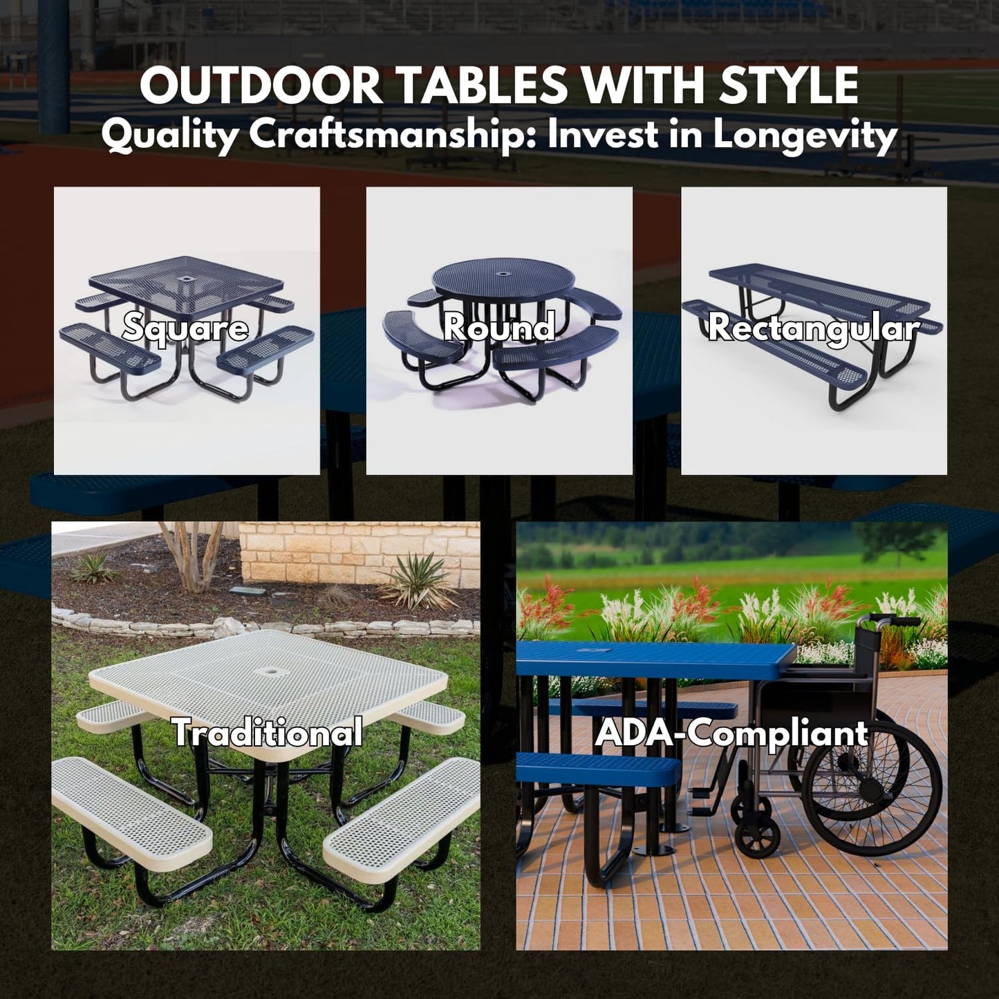 Heavy-Duty Portable Outdoor Picnic Table with Umbrella Hole, Punched Steel Commercial-Grade Patio Dining Furniture Made in America (46" Round Top, Brown)