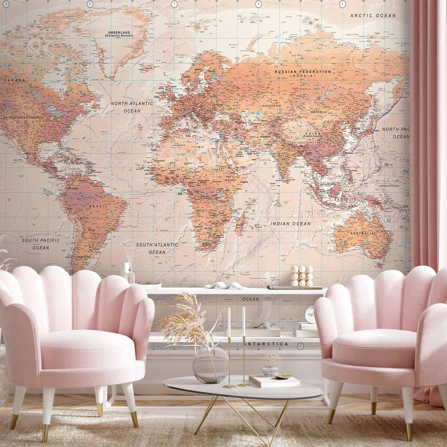 artgeist Premium Wall Mural World Map 98x69 in - XXL Non-Woven Wallpaper Fleece Wall Decor Photo Print Picture Image Design Home Map of The World k-A-0091-a-c
