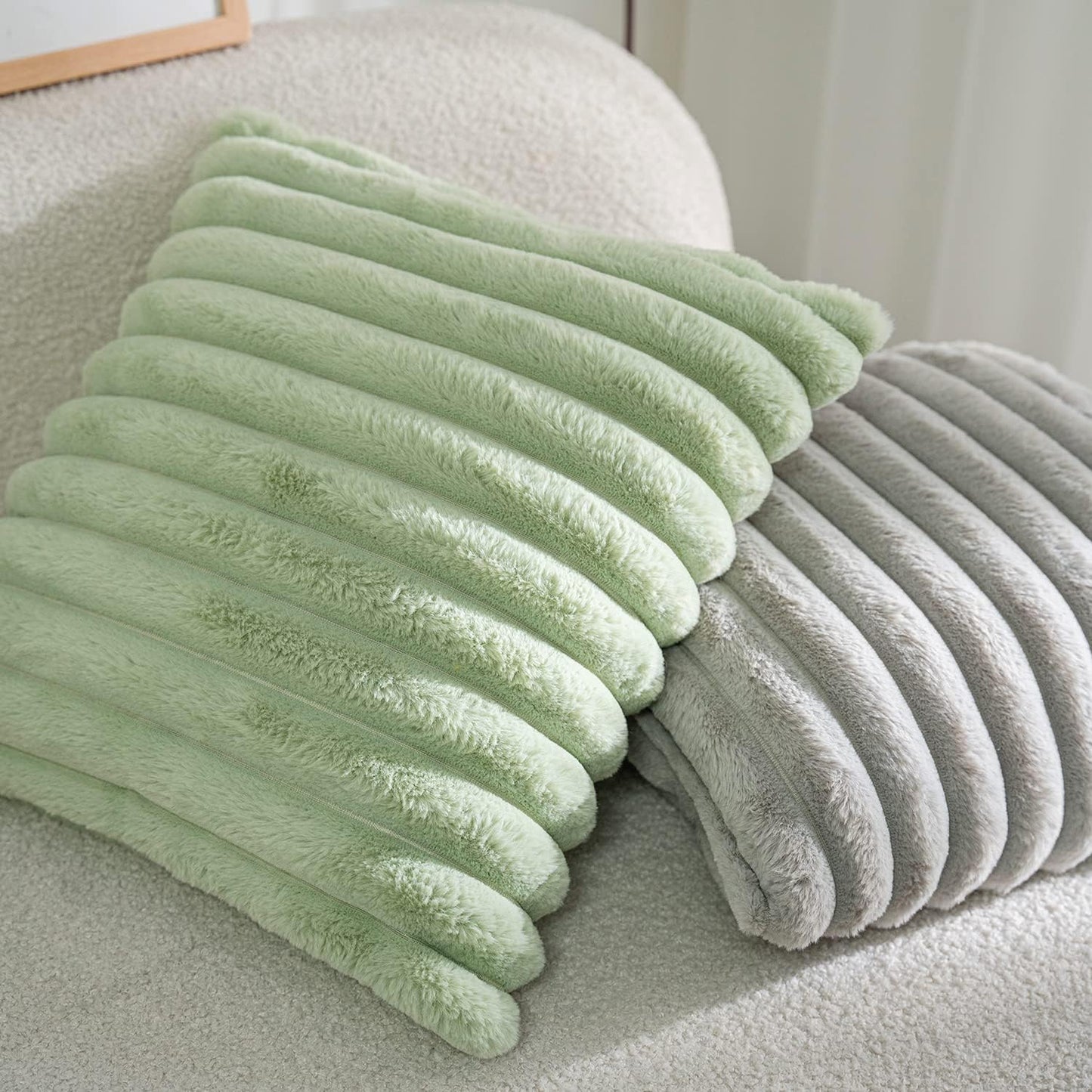 DEELAND Pack of 2,Double-Sided Faux Fur Plush Decorative Throw Pillow Covers Fuzzy Striped Soft Pillowcase Cushion Covers for Sofa Couch Bedroom Green 12x20 inch