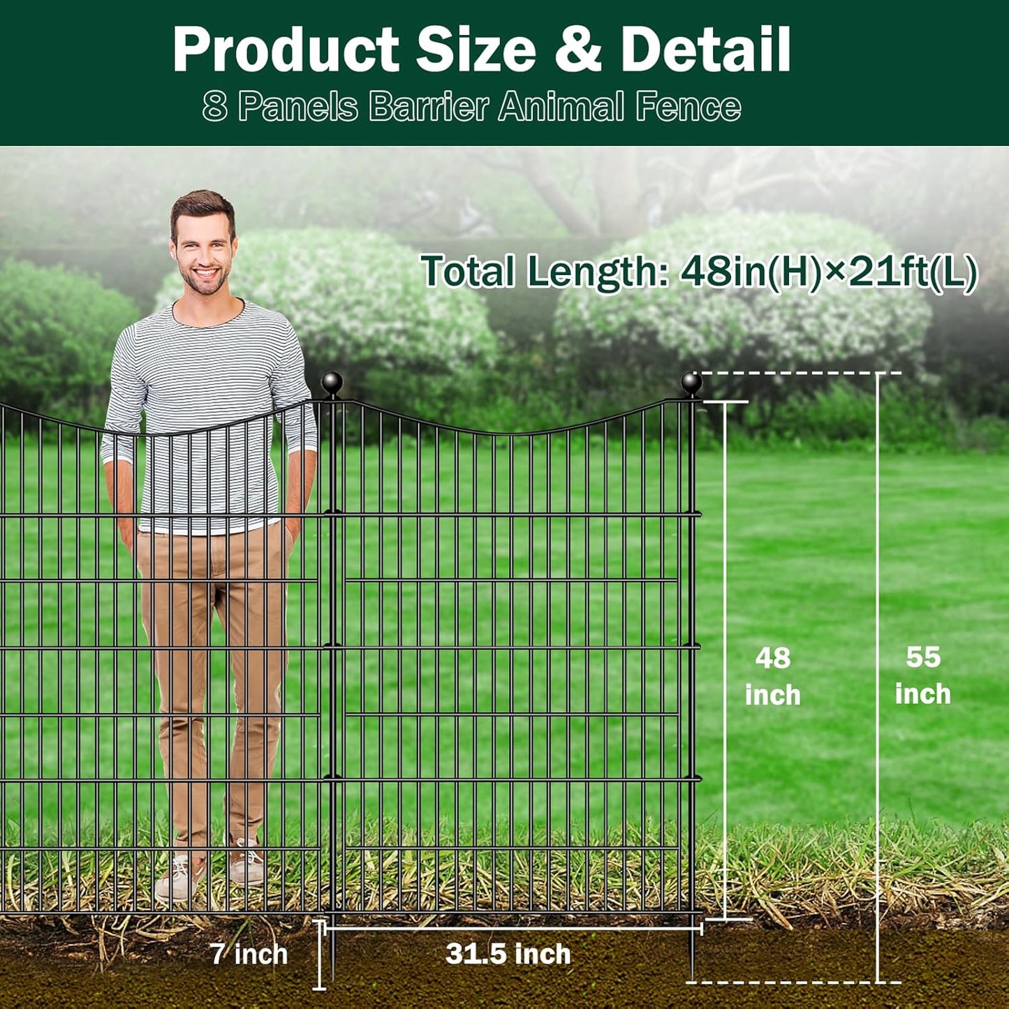 8 Panels Decorative Garden Fence with Gate, 48 in(H) X 21 ft(L) No Dig Dog Fence Animal Barrier Outdoor for Yard, Rustproof Metal Garden Edging and Borders, Temporary Fencing Stakes