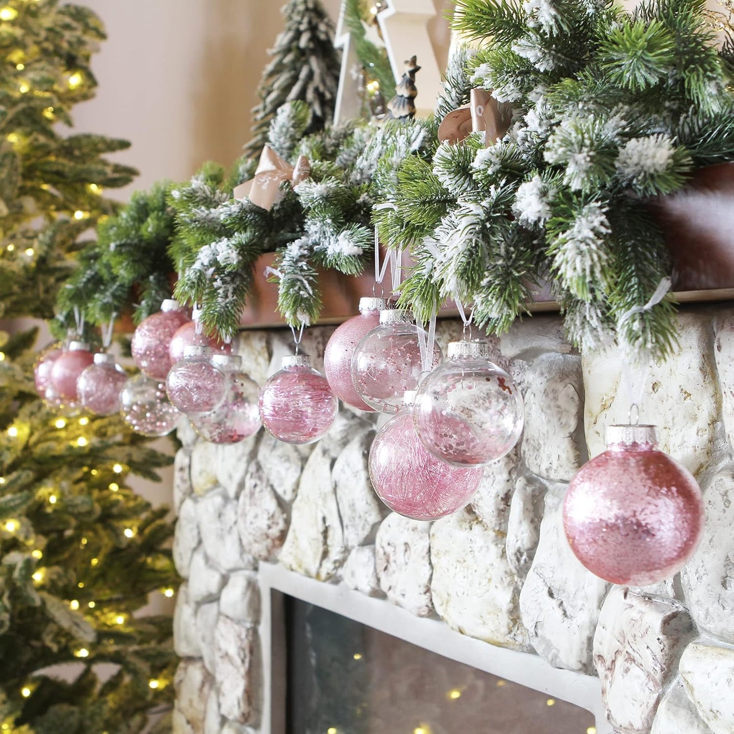 Sea Team Shatterproof Clear Plastic Christmas Ball Ornaments Decorative Xmas Balls Baubles Set with Stuffed Delicate Decorations (100mm/3.94 inch 16-Pack, Pink)