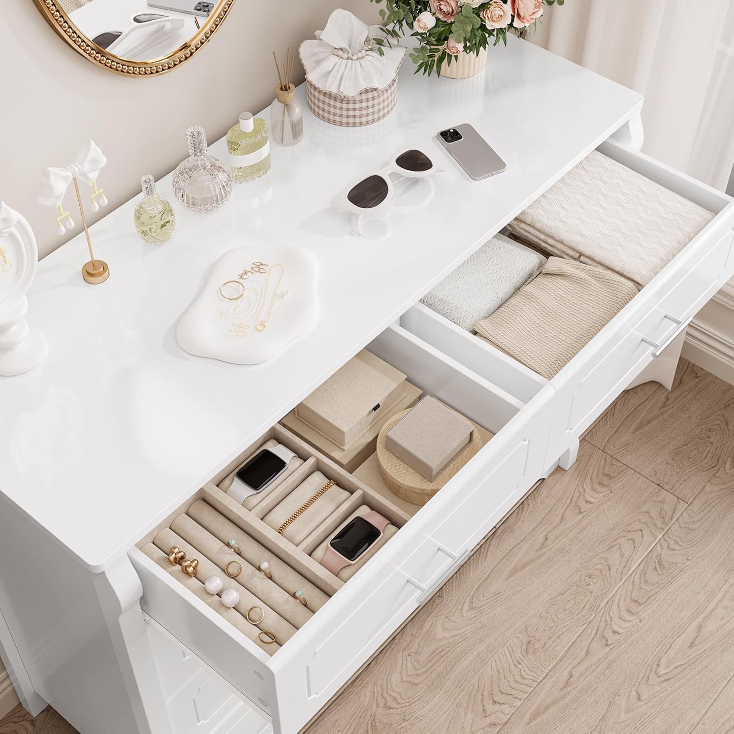 HITHOS White 8 Drawer Dresser for Bedroom, 47" Wood Dresser & Chest of Drawers, Modern Double Storage Cabinet with Deep Drawers | Metal Handles for Living Room, Hallway, Entryway
