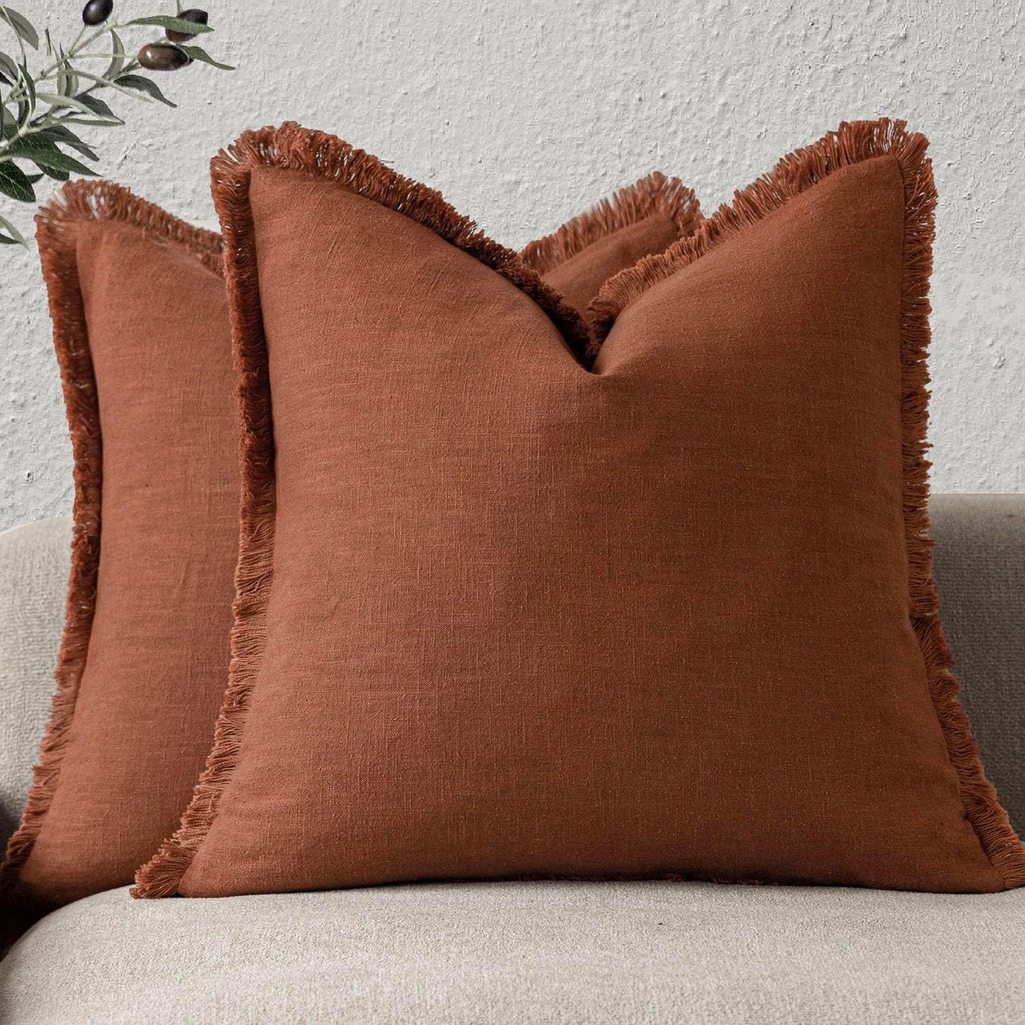 Foindtower Set of 2 Decorative Linen Fringe Throw Pillow Covers Farmhouse Cushion Cover with Tassels Soft Accent Pillowcase for Couch Chair Sofa Bed Living Room Home Decor,16×16 Inch,Fall Rust Orange