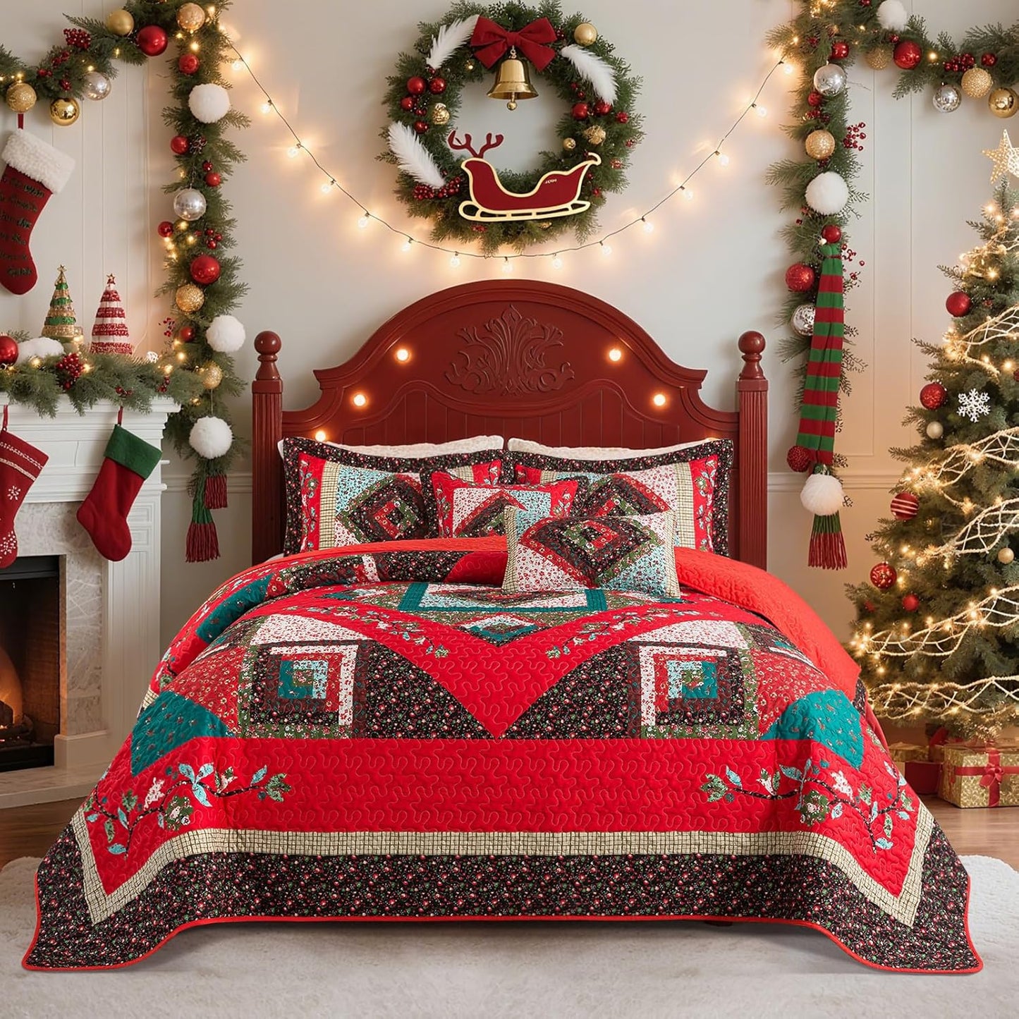 VAPUTAR Cotton King Quilt - Christmas King Size Quilt Bedding Set - Lightweight Farmhouse Bedspread with 2 Pillow Shams, 98x106 Inch All-Season Coverlet