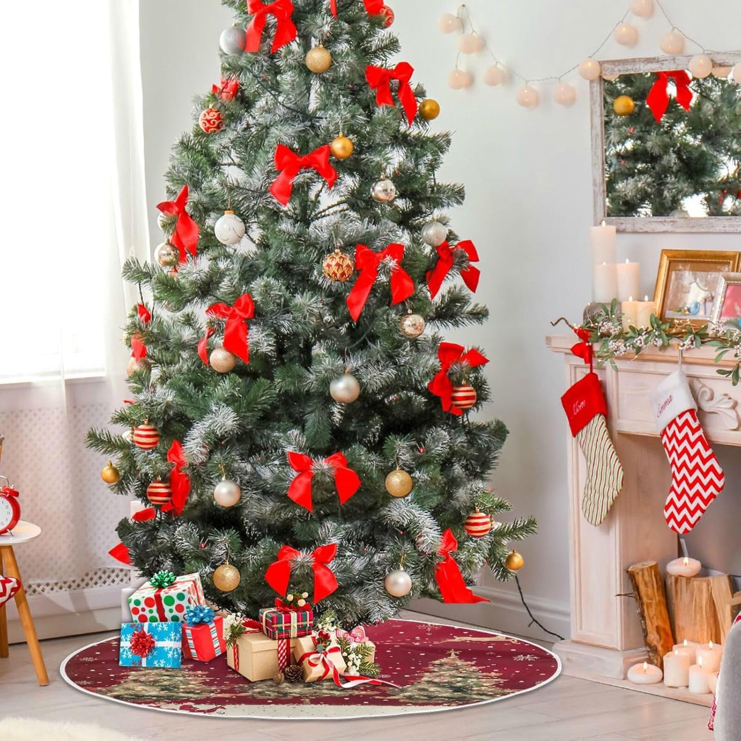 48 Inch Christmas Tree Skirt With Reindeer - Xmas Tree Mat for New Year Party Decorations